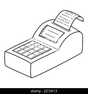 Die Kasse. Lineares Symbol. Handgezeichnete schwarz-weiße Vektorgrafik. Isoliert auf weißem Hintergrund. Stock Vektor