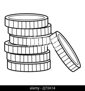 Ein Stapel von Metallmünzen, Kleingeld, Bargeld, Wechselgeld. Das Symbol der Einsparungen. Lineares Symbol. Handgezeichnete schwarz-weiße Vektorgrafik. Isoliert auf einem w Stock Vektor