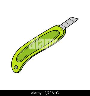 Ein Schreibwarenmesser. Schulartikel, Bürobedarf. Doodle. Handgezeichnete farbenfrohe Vektorgrafik. Die Designelemente sind auf einem weißen Backgro isoliert Stock Vektor