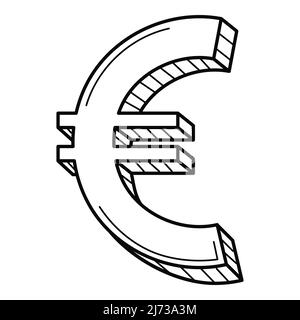 Dreidimensionales Euro-Symbol. Die europäische Währung. Lineares Symbol, Zeichen. Handgezeichnete schwarz-weiße Vektorgrafik. Isoliert auf weißem Hintergrund Stock Vektor