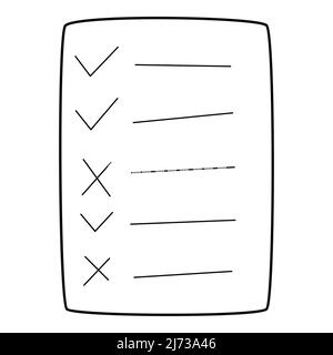 Fragebogen, Checkliste, To-Do-Liste, Fragebogen, Abstimmungsformular. Ein Blatt mit Zecken und Kreuzen. Handgezeichnete schwarz-weiße Vektorgrafik. Isol Stock Vektor