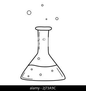 Ein Reagenzglas mit Flüssigkeit. Chemische Ausrüstung. Doodle Outline-Stil. Handgezeichnete schwarz-weiße Vektorgrafik. Die Designelemente sind isoliert Stock Vektor
