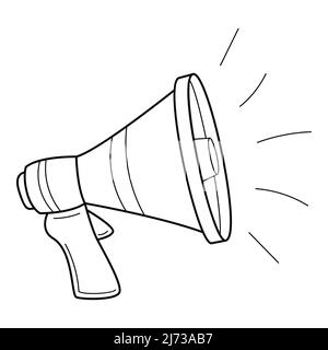 Lautsprecher, Megaphon, Hupe. Ausstrahlung von Nachrichten, Nachrichten. Handgezeichnete schwarz-weiße Vektorgrafik. Isoliert auf weißem Hintergrund. Stock Vektor