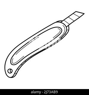 Ein Schreibwarenmesser. Schulartikel, Bürobedarf. Doodle. Handgezeichnete schwarz-weiße Vektorgrafik. Die Designelemente sind auf einem weißen isoliert Stock Vektor
