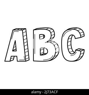 Die Buchstaben ABC im Doodle-Stil. Handgezeichnete schwarz-weiße Vektorgrafik. Designelemente werden auf weißem Hintergrund isoliert. Stock Vektor