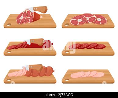 Schneiden von Schweinshaxe, gekochter und geräucherter Wurst. Ein Messer schneidet Fleisch auf einem hölzernen Schneidebrett. In Scheiben geschnittenes Fleisch und Wurst. Flacher Cartoon-Stil. V Stock Vektor