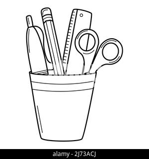 Bleistifthalter mit Lineal, Schere, Stift, Bleistift. Doodle-Stil. Handgezeichnete schwarz-weiße Vektorgrafik. Die Designelemente sind auf einem isoliert Stock Vektor