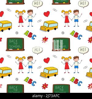 Eine einfache Schule nahtlose Muster mit einer Tafel, einem Schulbus, Kinder. Hintergrund mit isolierten handgezeichneten bunten Doodle-Elementen. Vektor-Illus Stock Vektor