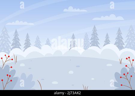 Horizontaler Winter, verschneite Landschaft. Schneeverwehungen, Büsche, Tannen im Schnee, schneebedeckte Büsche. Darstellung von Farbvektoren. Natur Hintergrund mit Stock Vektor