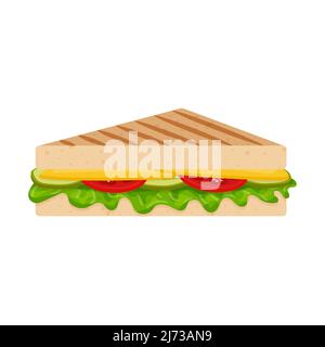 Gegrilltes Sandwich mit Kräutern, Käse, Tomaten und Gurken. Fast Food, Snacks. Flacher Cartoon-Stil, isoliert auf einem weißen Hintergrund.Farbvektor illust Stock Vektor