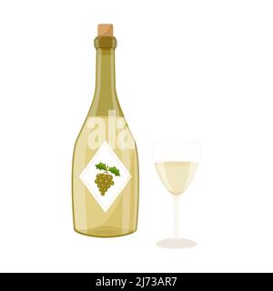 Eine Flasche Weißwein mit einem Korken und einem gefüllten transparenten Glas. Eine Flasche mit Etikett und grünen Trauben darauf. Flacher Cartoon-Stil, isoliert auf einem Whi Stock Vektor