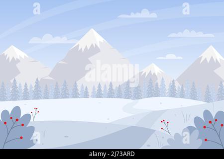 Horizontaler Winter, verschneite Landschaft. Berge, Schneepfad, Schneeverwehungen, Tannen, schneebedeckte Büsche. Darstellung von Farbvektoren. Natur Hintergrund Witz Stock Vektor