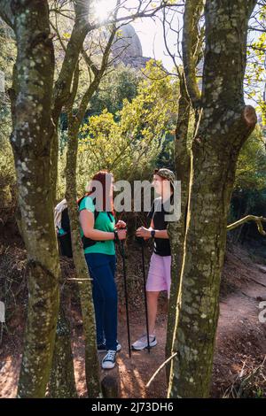 Zwei Freundinnen genießen eine Wanderung in der Natur. Junge Menschen im Urlaub. Frauen stehen auf einem Bergpfad. Stockfoto