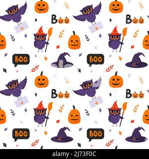 Halloween Nahtloses Muster mit Eule, Kürbis, Inschrift Boo, Hut und Zweigen. Flache Cartoon-Elemente auf weißem Hintergrund. Farbiger Hintergrund für den Urlaub. P Stock Vektor
