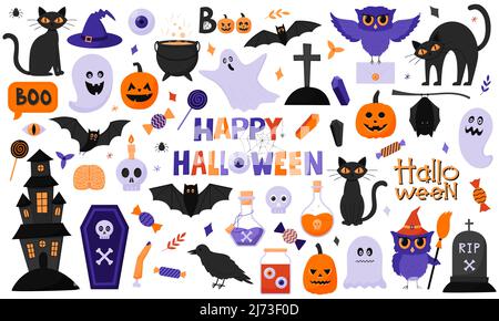 Eine Sammlung von Objekten für Halloween. Kürbisse, Eulen, Katzen, Geister, Hut, Kessel, Süßigkeiten, Fledermäuse. Leuchtend violett, orange Farben. Set mit flachen Cartoon V Stock Vektor