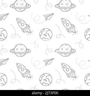 Eine einfache Schule nahtlose Muster mit einem Raumschiff, Rakete, Planet, Erde, Saturn, Papierflugzeug. Schwarz-weißer Hintergrund mit isoliertem, handgezeichneten Hintergrund Stock Vektor