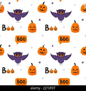 Halloween Nahtloses Muster mit einer Eule, einem Kürbis, der Aufschrift Boo. Flache Cartoon-Elemente auf weißem Hintergrund. Farbiger Hintergrund für den Urlaub. Violett, Stock Vektor