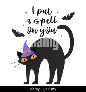 Eine schwarze, runzelige Katze in einem Hut steht mit gewölbtem Rücken. Postkarte mit Handschriftzug - ich habe dich in den Bann gezogen. Halloween. Farbe flach Cartoon Vektor i Stock Vektor