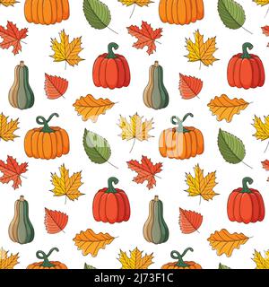 Nahtloses Muster mit verschiedenen Herbstblättern und Kürbissen. Herbsternte, Erntedankfest. Hintergrund mit farbigen Doodle-Elementen. Farbenfrohe vecto-Farben Stock Vektor