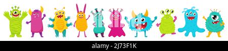 Ein Set von niedlichen Monstern. Helle Comic-Figuren. Vektorgrafik für Kinder. Flacher Stil, isoliert auf weißem Hintergrund Stock Vektor