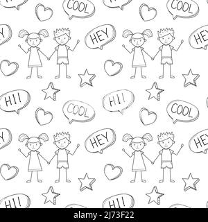 Eine einfache Schule nahtlose Muster mit einem niedlichen Jungen und Mädchen in einem kindischen Stil gezeichnet. Schwarz-weißer Hintergrund mit isoliertem, handgezeichneten Doodle-Outlin Stock Vektor