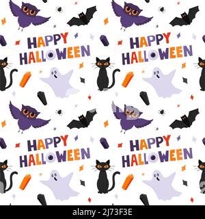 Halloween nahtloses Muster mit Geistern, Eulen, einer Katze und Happy Halloween Worten. Flache Cartoon-Elemente auf weißem Hintergrund. Farbiger Hintergrund für Packagi Stock Vektor