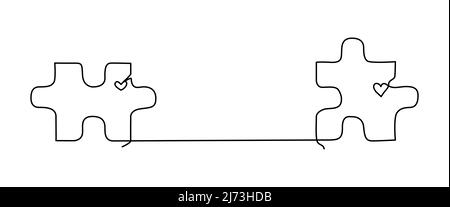 Zwei Puzzleteile, die mit einer Linie und einem Herzen verbunden sind. Kontinuierliche Linienzeichnung für Beziehungskonzept oder Datierung Stock Vektor