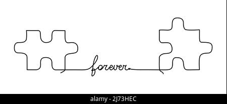 Zwei Puzzleteile, die mit einer Linie und einem Herzen verbunden sind. Kontinuierliche Linienzeichnung für Beziehungskonzept oder Datierung Stock Vektor