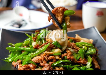 Ein Teller mit köstlichen und würzigen Hunan-Gerichten, gebratenes Schweinefleisch mit Chili Stockfoto