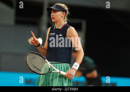 Jil Teichmann (SUI), 5. MAI 2022 - Tennis : Jil Teichmann im Einzel Halbfinalspiel gegen Jessica Pegula bei den WTA 1000 Turnieren Mutua Madrid Open Tennisturnier im Caja Magica in Madrid, Spanien. (Foto von Mutsu Kawamori/AFLO) Stockfoto