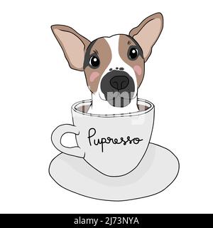 Jack Russell Terrier Hund in Kaffeetasse mit Pupresso Wort Cartoon Vektor Illustration Stock Vektor