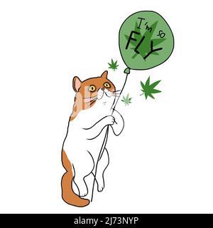 Katze fliegt mit Marihuana-Ballon-Cartoon-Vektordarstellung Stock Vektor