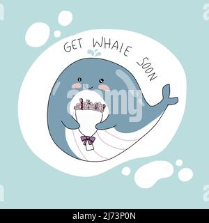 Hol dir Whale Soon Word und Cartoon-Vektorgrafik Doodle Style Stock Vektor
