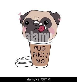 Pug Hund in Kaffeetasse mit Pugpuccino-Zeichentrickfilm-Vektordarstellung Stock Vektor