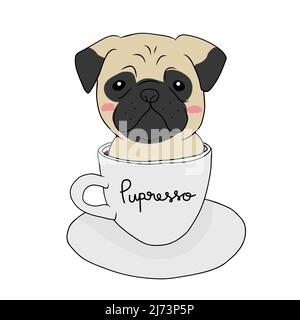Pug Hund in Kaffeetasse mit Pupresso Wort Cartoon Vektor Illustration Stock Vektor