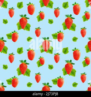 Strawberry Nahtloses Muster. Reife Erdbeeren isoliert auf blau. Paket Design Hintergrund. Stockfoto