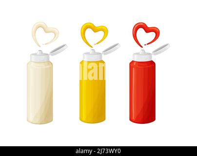 Flaschen Mayonnaise, Ketchup, Senfsauce mit Herz spritzt realistischen Stil Stock Vektor