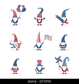 Patriotische amerikanische Gnome feiern den Unabhängigkeitstag in den Vereinigten Staaten. Set aus niedlichen skandinavischen Elfen mit festlichen Elementen vom 4. juli. National Stock Vektor