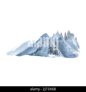 Winterwald und Berge, Aquarell Cliparts auf weißem Hintergrund. Aquarelldarstellung. Stockfoto