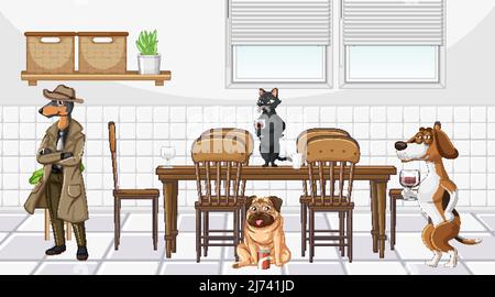 Im Haus Szene mit Hunden trinken Wein Illustration Stock Vektor