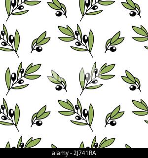 Ein nahtloses Muster aus Olivenzweigen, handgezeichneten Doodle-Elementen. Olive Ein Symbol für Frieden und Sieg. Ein immergrüner Baum Stock Vektor