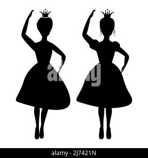 Isolierte tanzende Prinzessin und Königin Silhouette auf weißem Hintergrund gesetzt. Märchen Illustration Design. Stock Vektor
