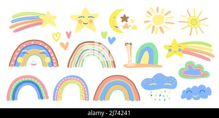 Kinder Regenbogen, Sonne, Wolke, Schnecke, Stern und Herz Pastell handgezeichnete Vektor-Illustration Stock Vektor