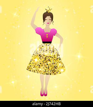 Gold glitzernde Prinzessin Illustration Design in rosa Kleid mit magischen Sternen Hintergrund Stock Vektor