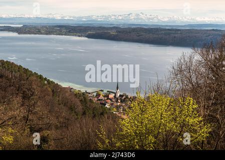 Panoramablick auf den Bodensee und die schweizer alpen Stockfoto