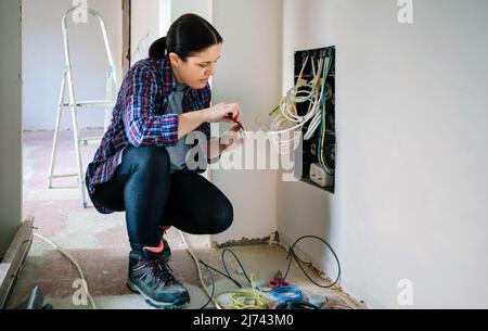 Techniker mit Schraubendreher und Klemmenleiste zur Installation des Telekommunikationskastens Stockfoto