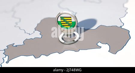 Bundesland Sachsen und Navigationsnadel mit der Sachsen-Flagge Stockfoto