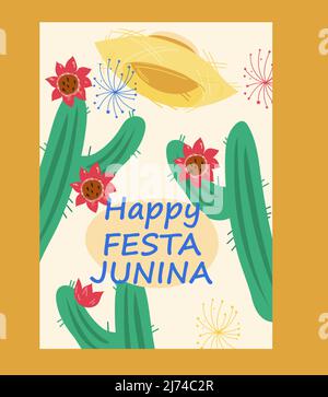 Festa Junina Happy Holiday Grußkarte Vorlage. Poster oder Party Einladung Design für Festa Junina Feier, flache Vektor-Illustration. Stock Vektor