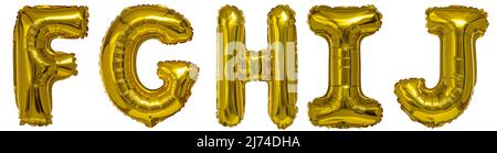 Echte Ballons in Form von Buchstaben f g h i j Gold metallic auf weißem Hintergrund Stockfoto