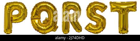 Echte Ballons in Form von Buchstaben p q r s t metallic Gold auf weißem Hintergrund Stockfoto